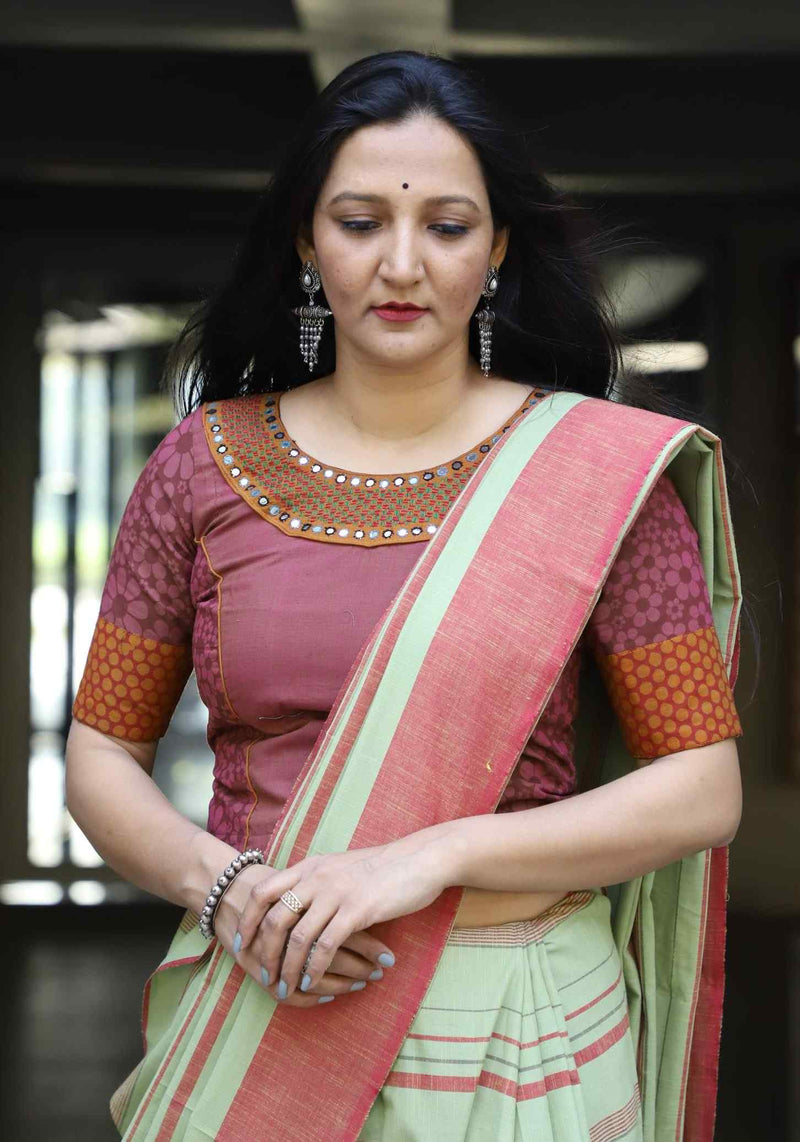 Buy Mint Green Saree with Coral Stripes | Godhuli
