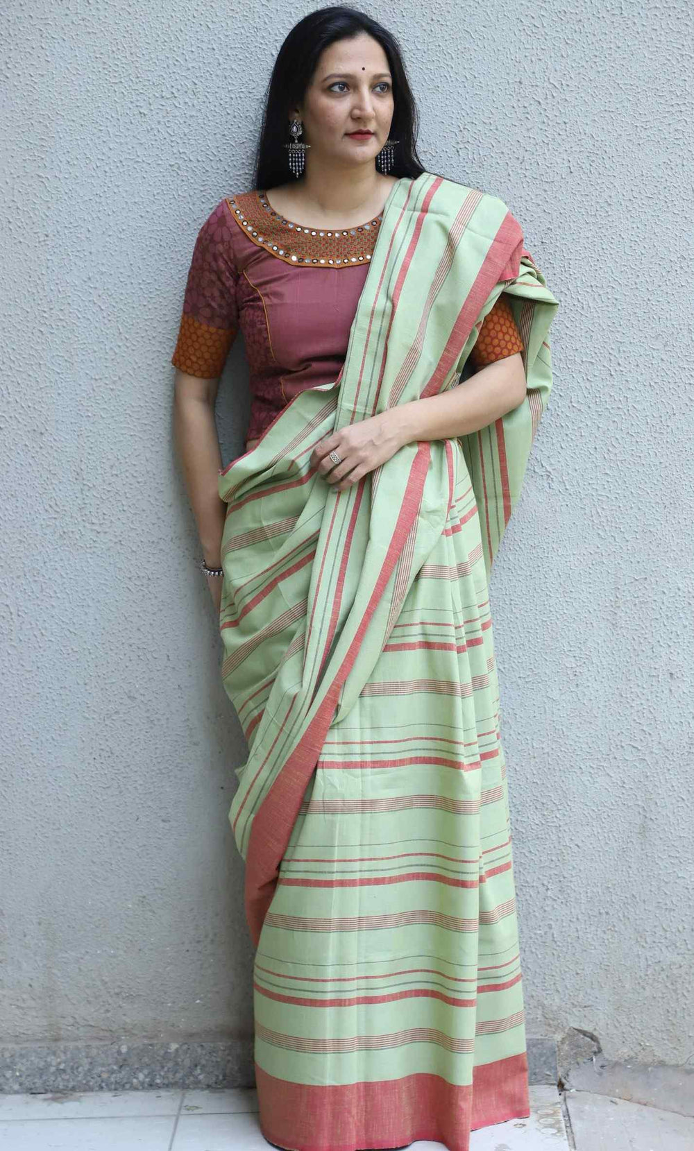 Buy Mint Green Saree with Coral Stripes | Godhuli