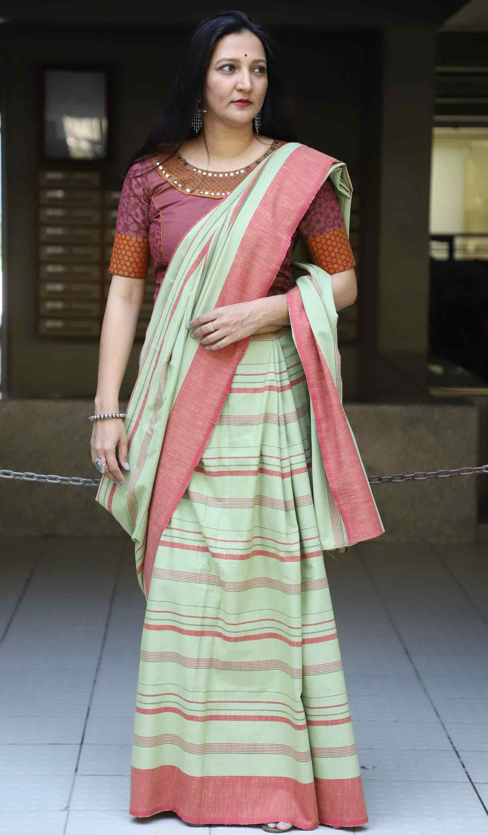 Buy Mint Green Saree with Coral Stripes | Godhuli