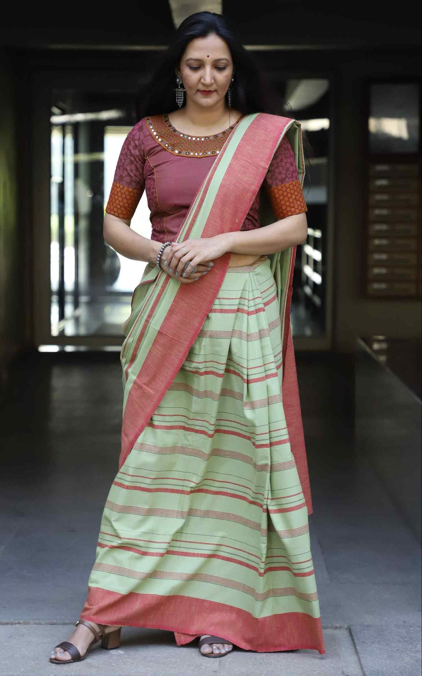 Mint Green Saree with Coral Stripes