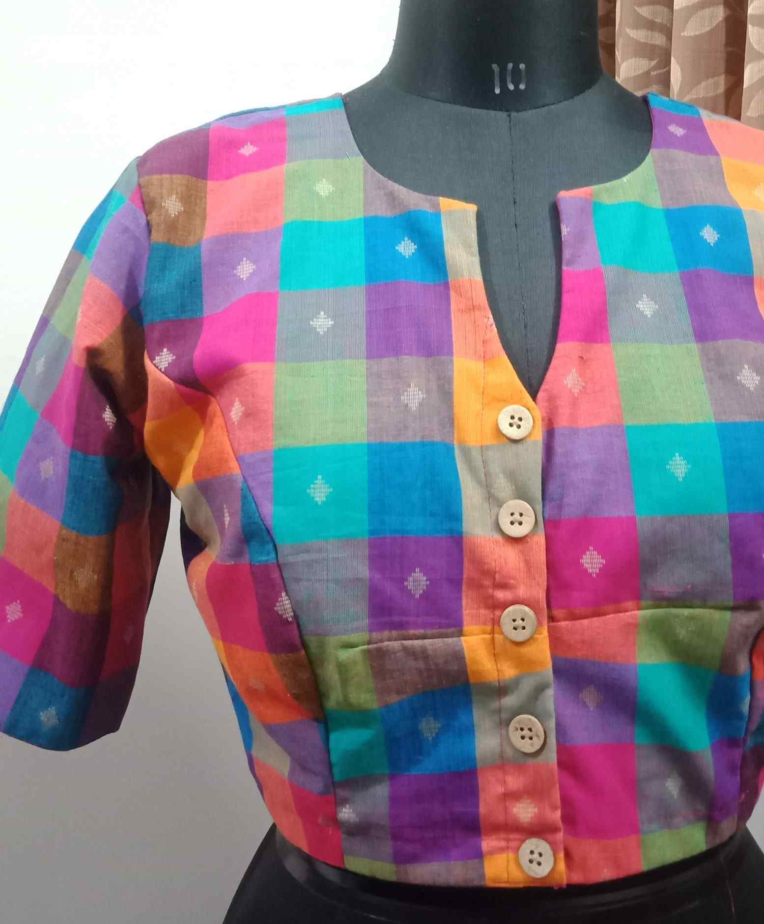 Madras Cotton Multicolor Checks, backless tie back blouse – Shobitam
