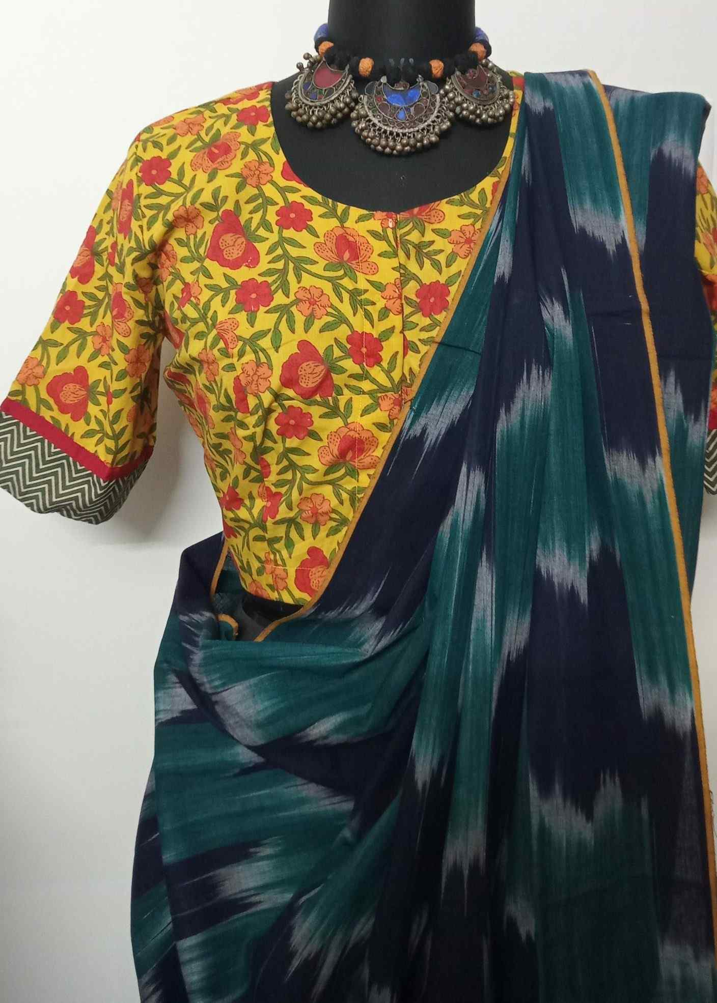 Navy Blue Sea Green Ikat Saree Floral Blouse Combo