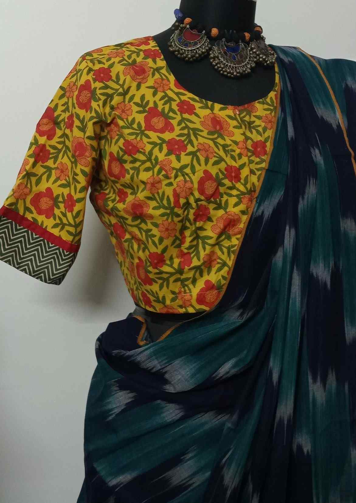 Navy Blue Sea Green Ikat Saree Floral Blouse Combo