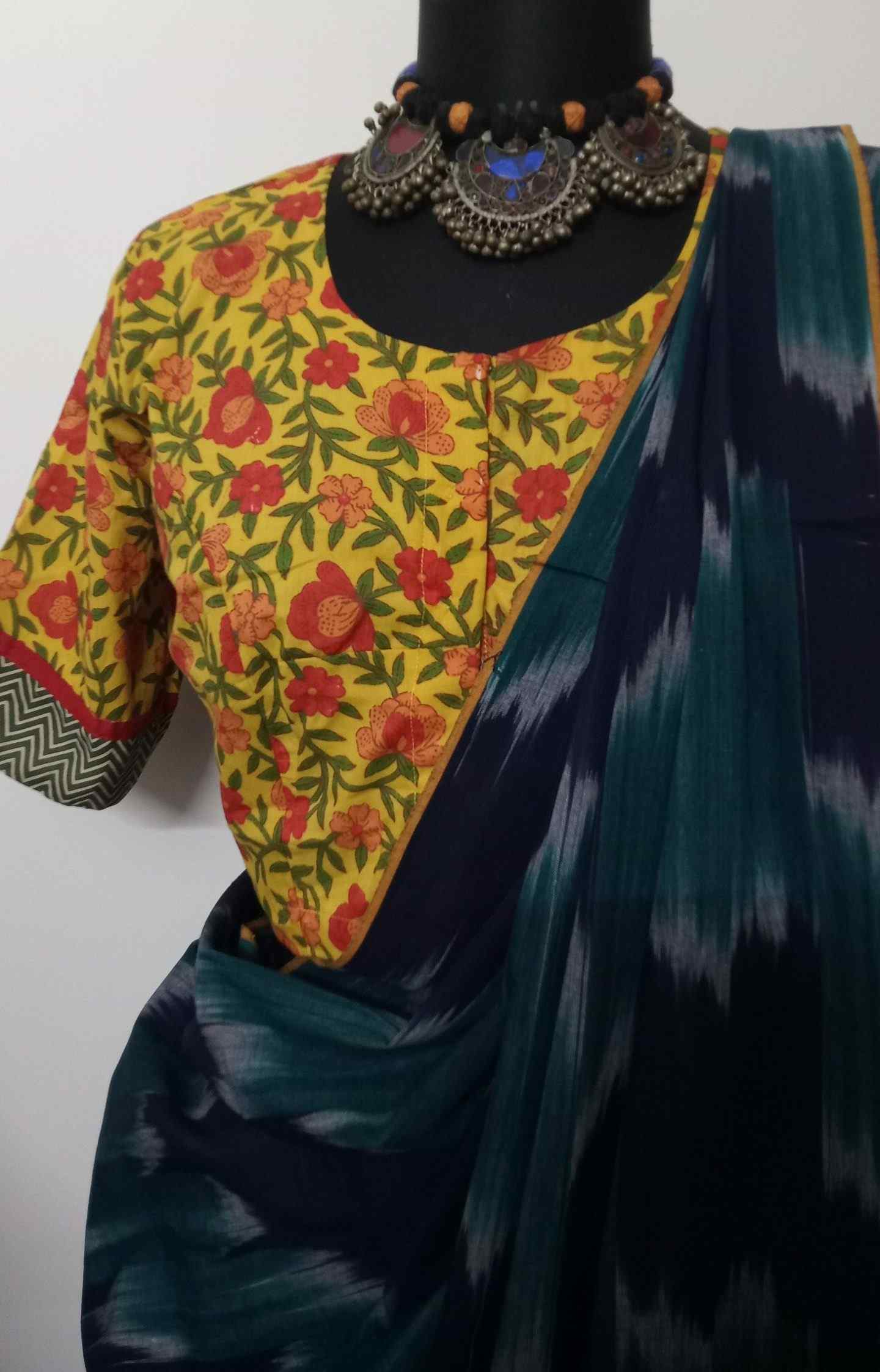 Navy Blue Sea Green Ikat Saree Floral Blouse Combo