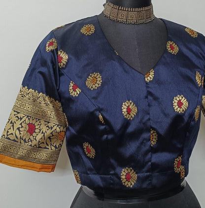 Navy Blue Semi Silk Brocade Blouse