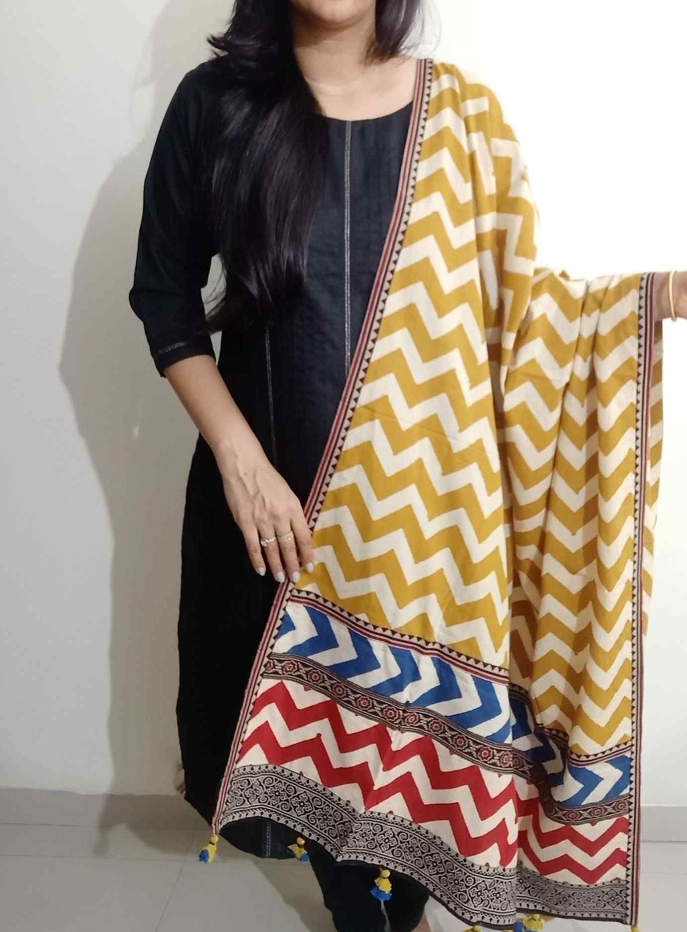 Ochre Yellow Chevron Print Patchwork Dupatta