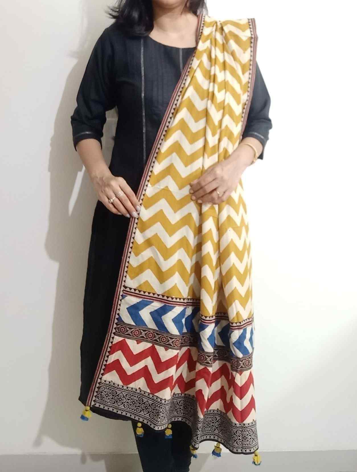 Ochre Yellow Chevron Print Patchwork Dupatta