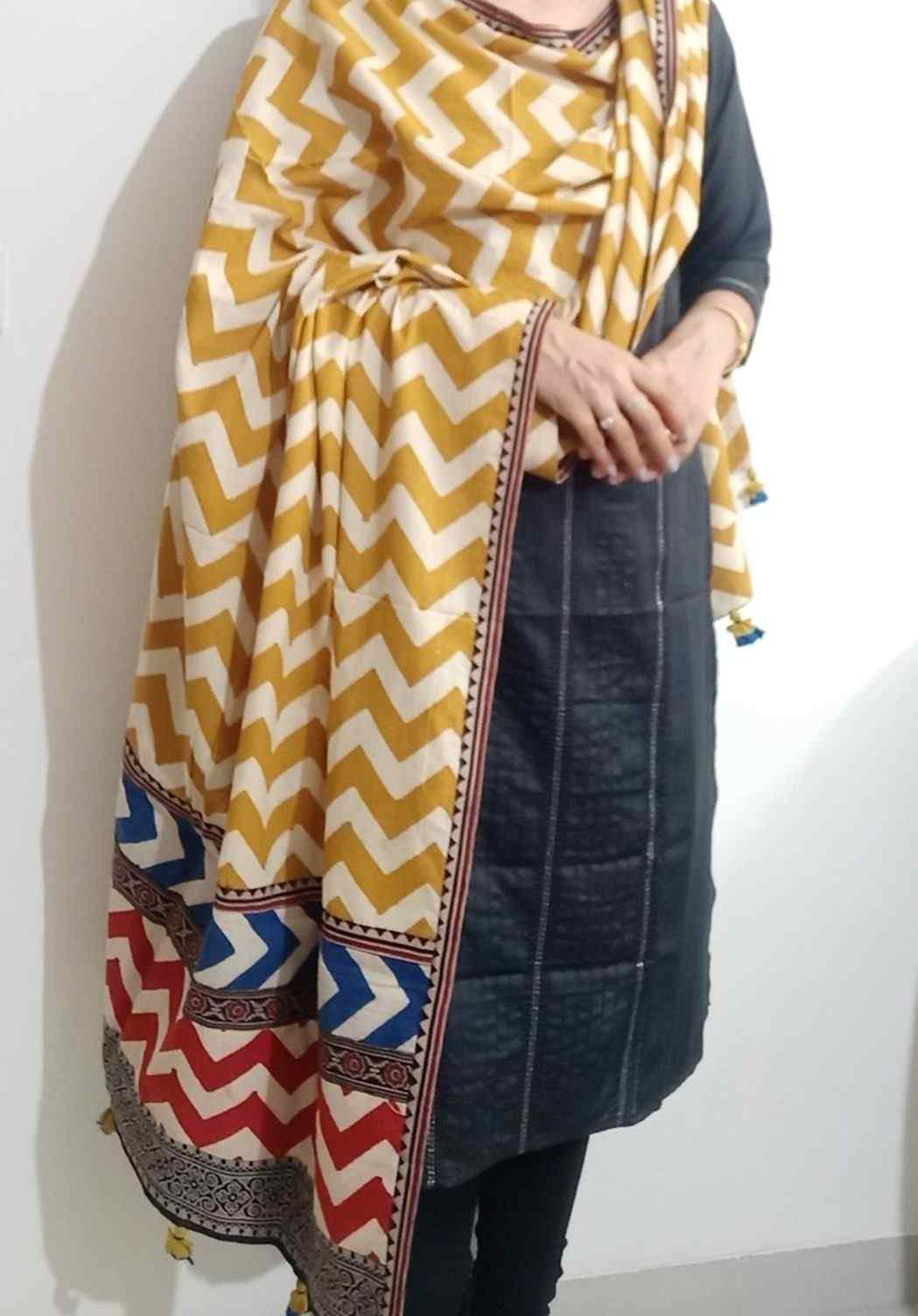 Ochre Yellow Chevron Print Patchwork Dupatta