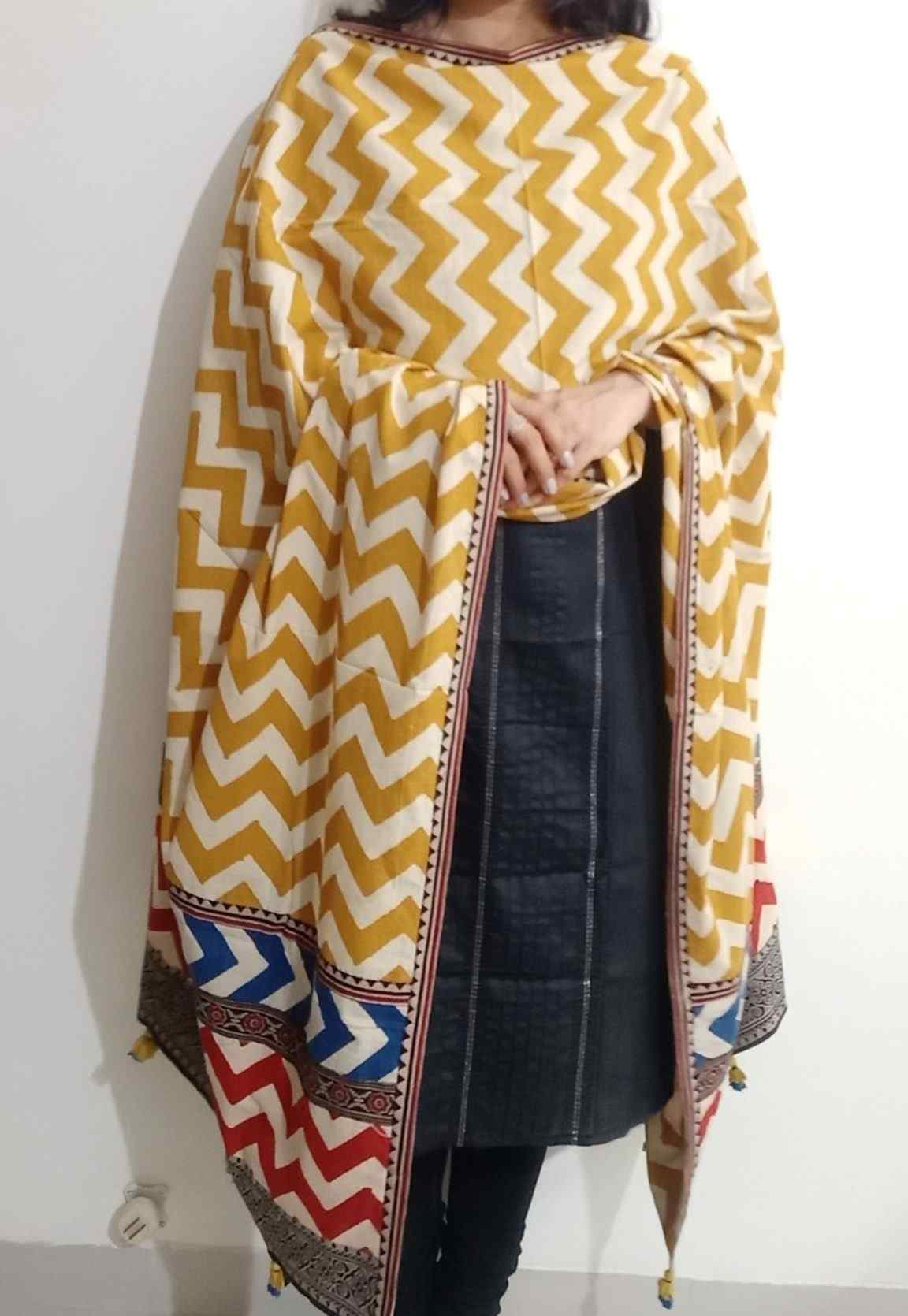 Ochre Yellow Chevron Print Patchwork Dupatta