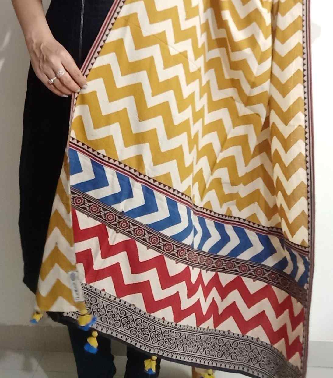 Ochre Yellow Chevron Print Patchwork Dupatta