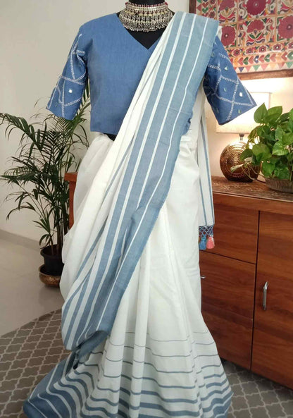 Off white striped saree with Demin Blue Blouse Combo