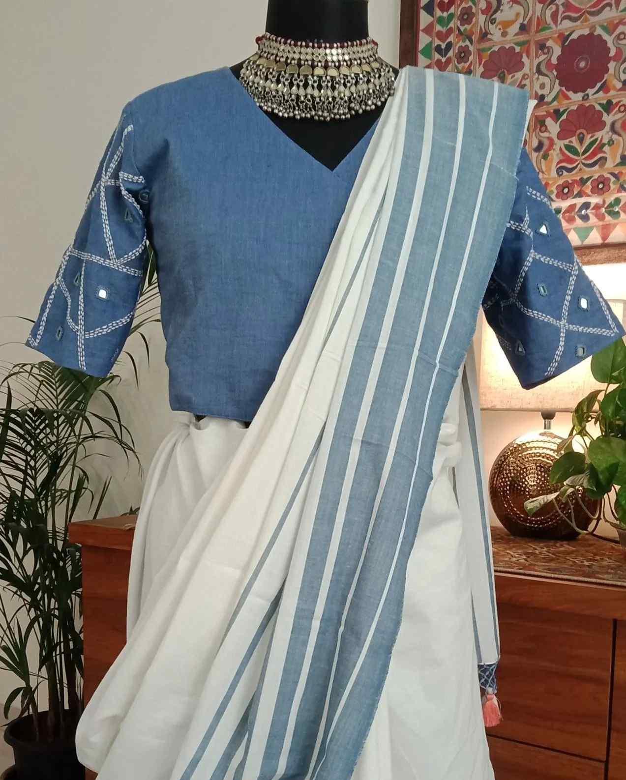 Off white striped saree with Demin Blue Blouse Combo