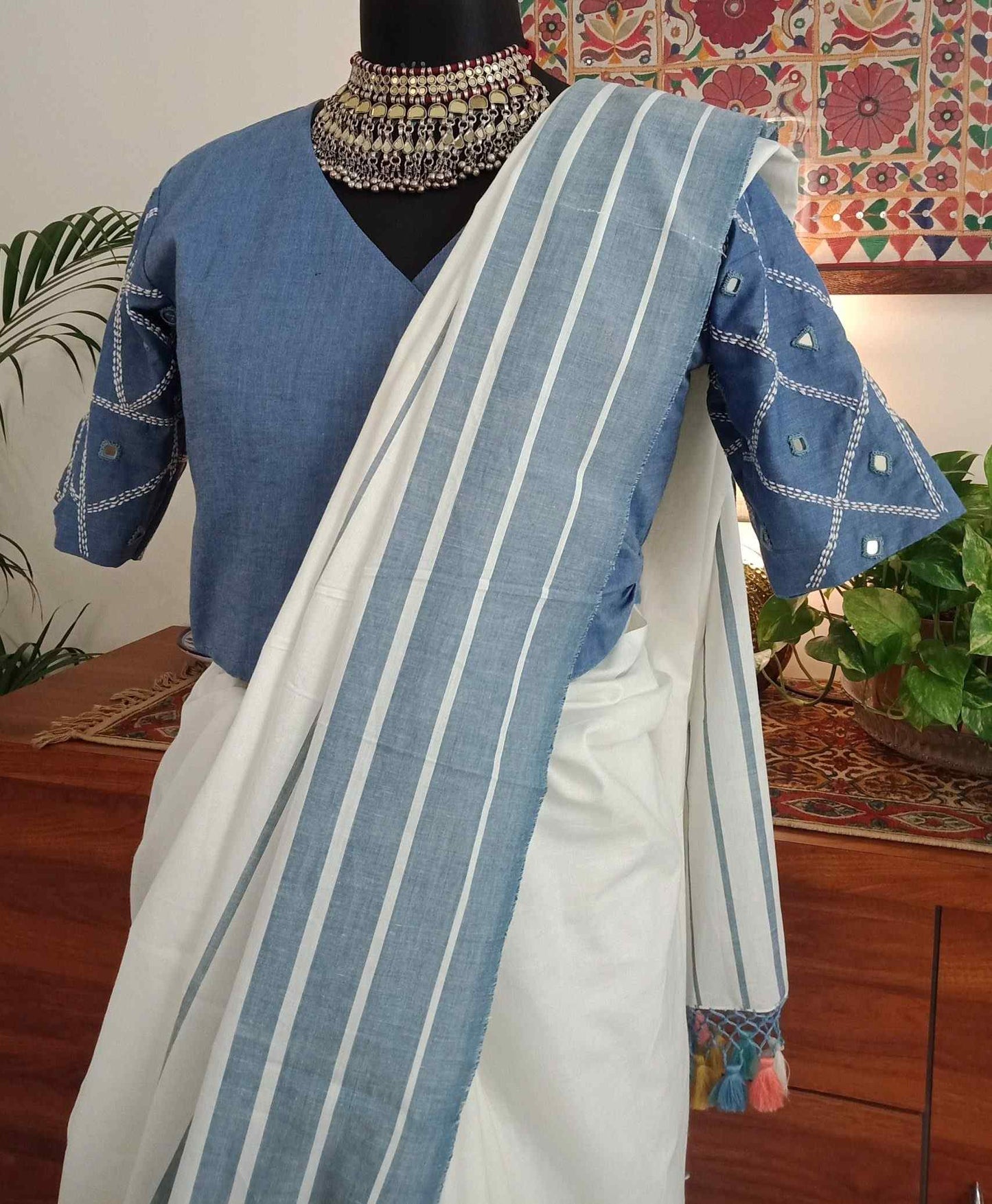 Off white striped saree with Demin Blue Blouse Combo