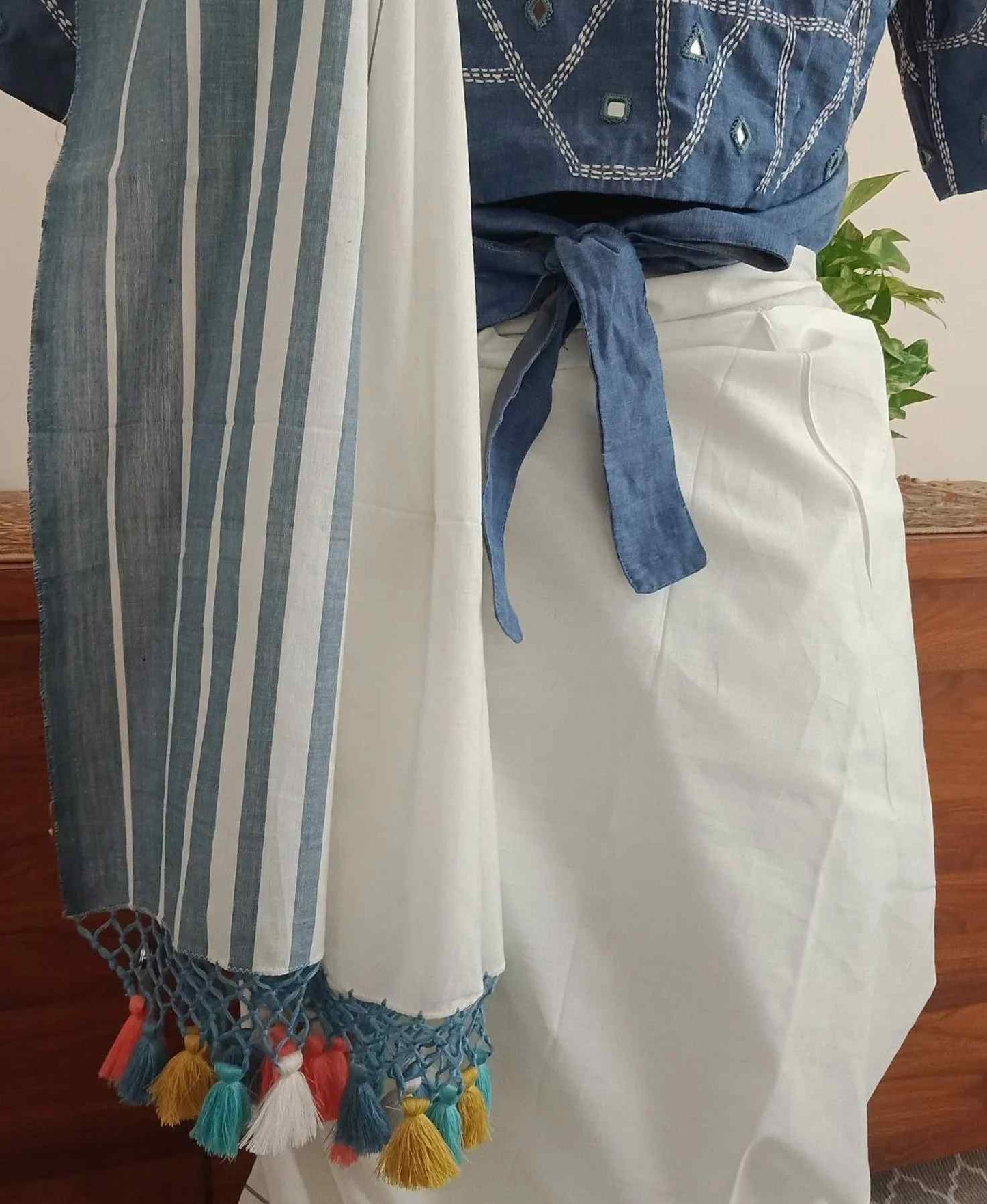 Off white striped saree with Demin Blue Blouse Combo