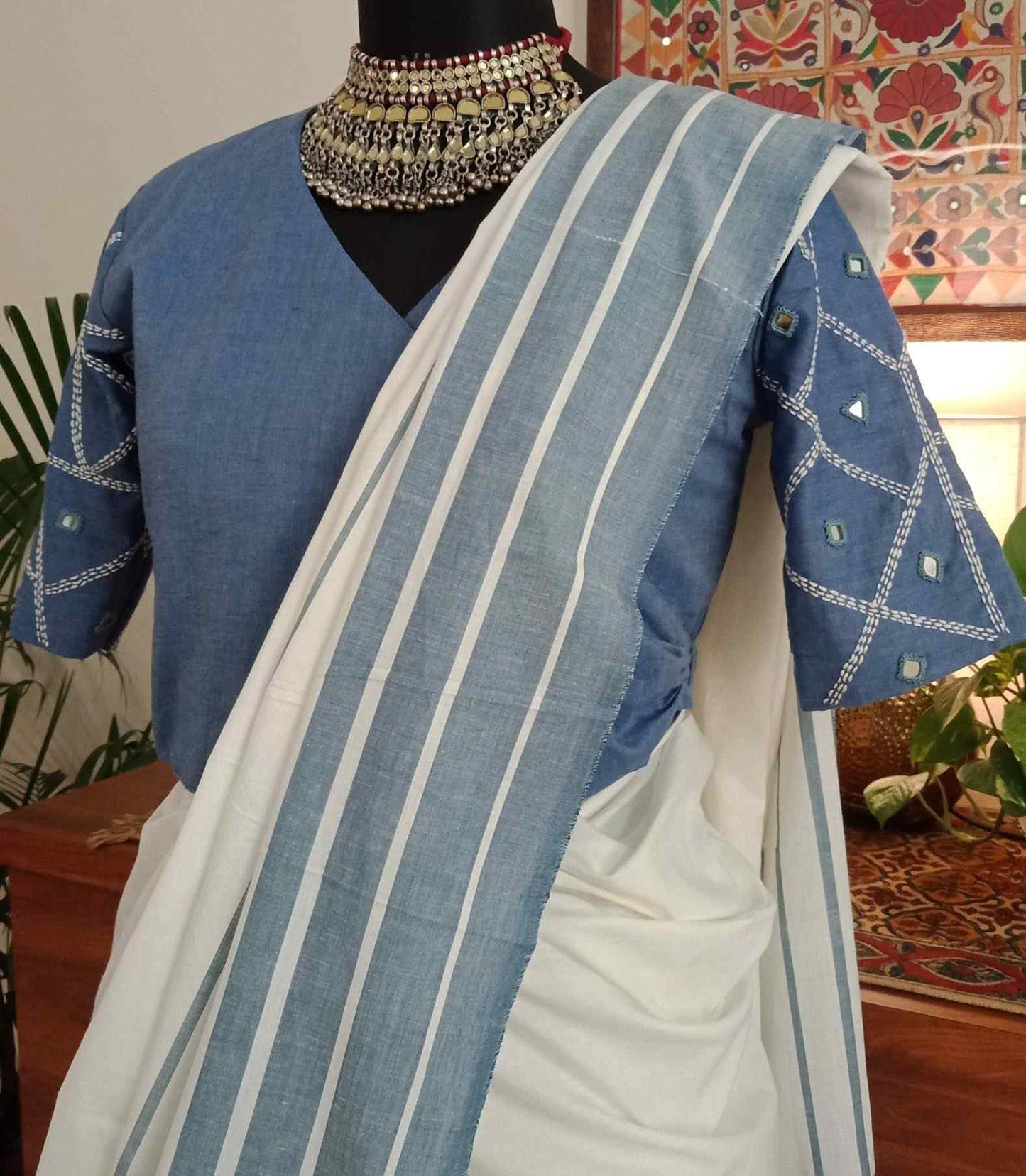 Off white striped saree with Demin Blue Blouse Combo