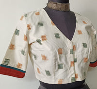 Off White Double Ikat Readymade Blouse with Mustard Green Motif | Godhuli