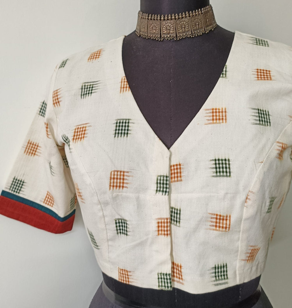 Off White Double Ikat Readymade Blouse with Mustard Green Motif | Godhuli