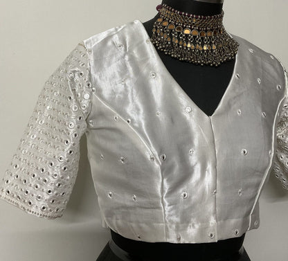 Off White Faux Mirrorwork Gaji Silk Blouse