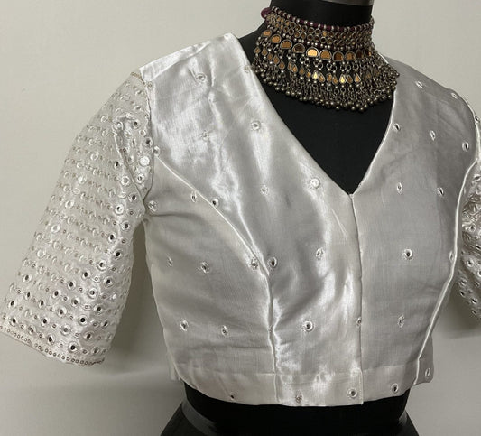 Off White Faux Mirrorwork Gaji Silk Blouse