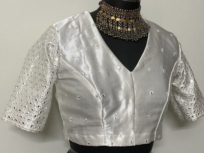 Off White Faux Mirrorwork Gaji Silk Blouse