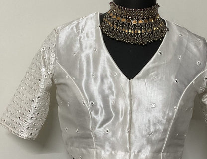 Off White Faux Mirrorwork Gaji Silk Blouse