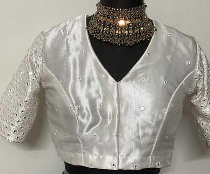 Off White Faux Mirrorwork Gaji Silk Blouse