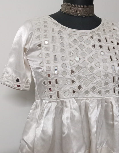 Off White Gaji Silk Peplum Mirrorwork Kurti