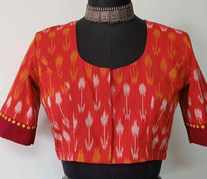 Orange Ikat Readymade Blouse with Maroon Border Sleeves | Godhuli