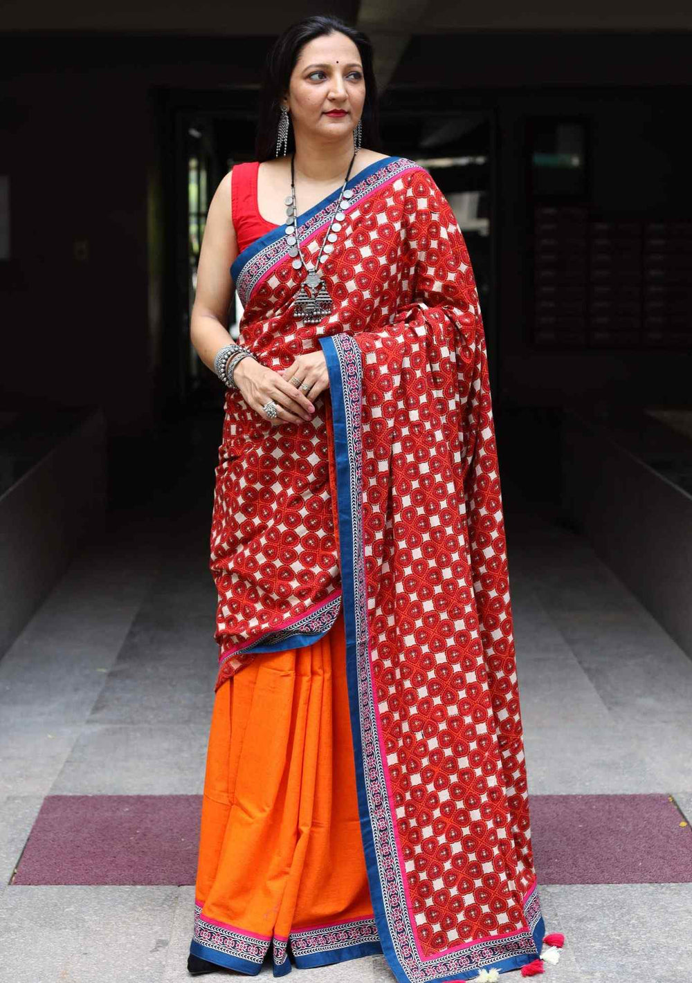 Buy Orange Half and Half saree with Printed Pallu | Godhuli