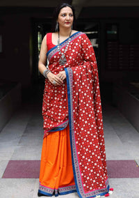 Buy Orange Half and Half saree with Printed Pallu | Godhuli