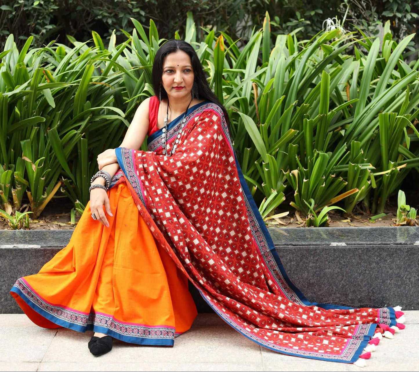 Orange half and half saree with Printed Pallu