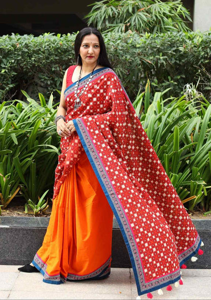 Orange half and half saree with Printed Pallu
