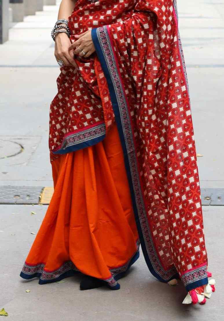 Orange half and half saree with Printed Pallu