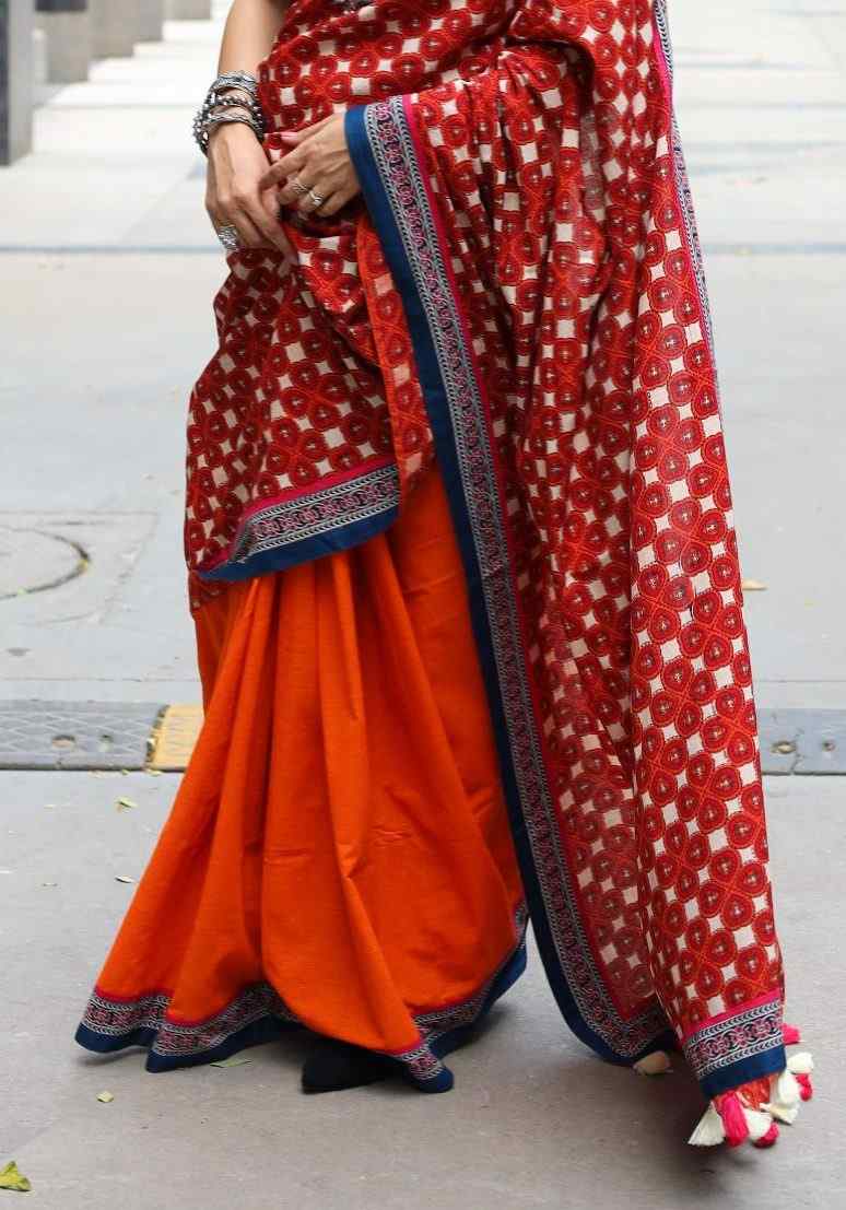 Buy Orange Half and Half saree with Printed Pallu | Godhuli