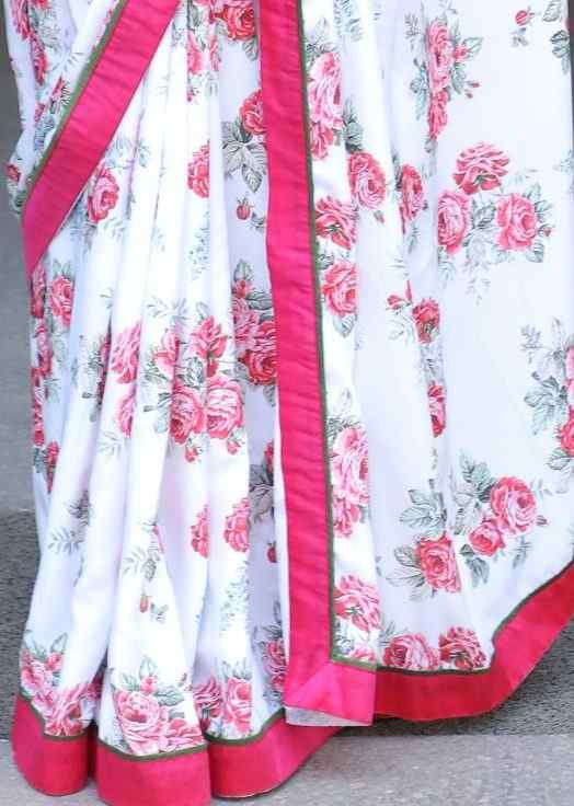 Pink Rose Print Crepe Saree