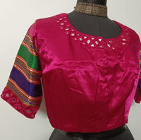 Rani Gaji silk Mirrorwork Readymade Blouse with Mulicoloured Sleeves | Godhuli