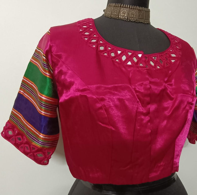 Rani Gaji silk Mirrorwork Readymade Blouse with Mulicoloured Sleeves | Godhuli