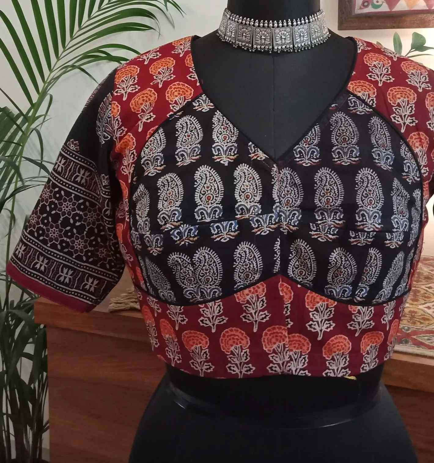 Red Black Ajrakh Choli Blouse