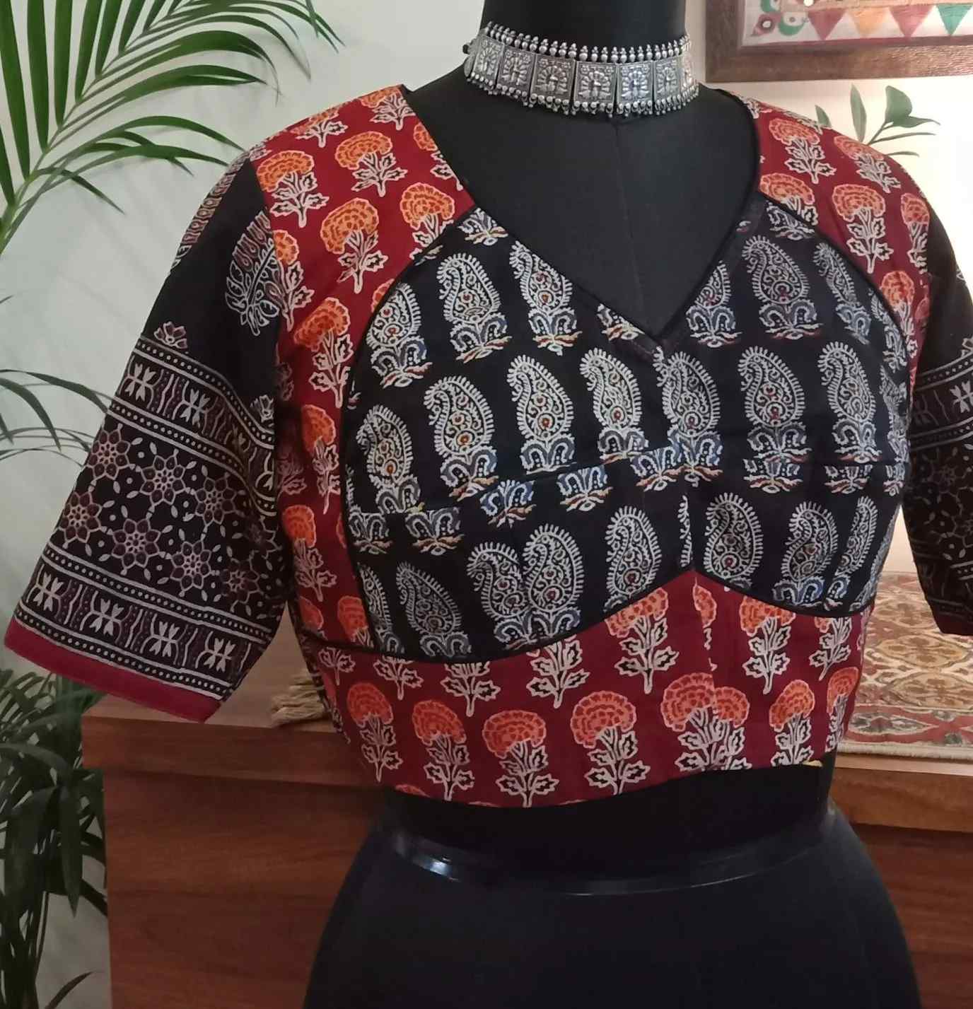 Red Black Ajrakh Choli Blouse