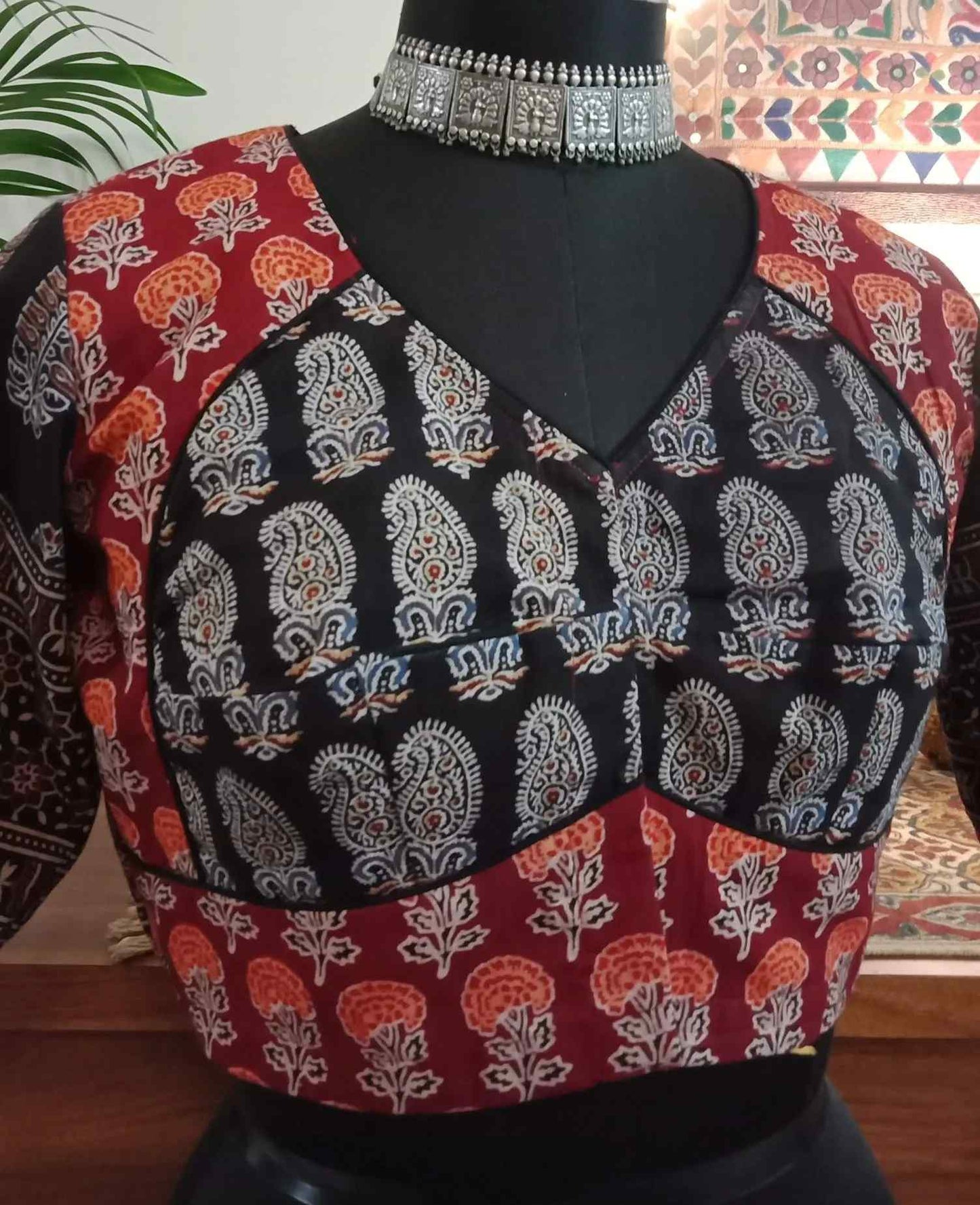 Red Black Ajrakh Choli Blouse