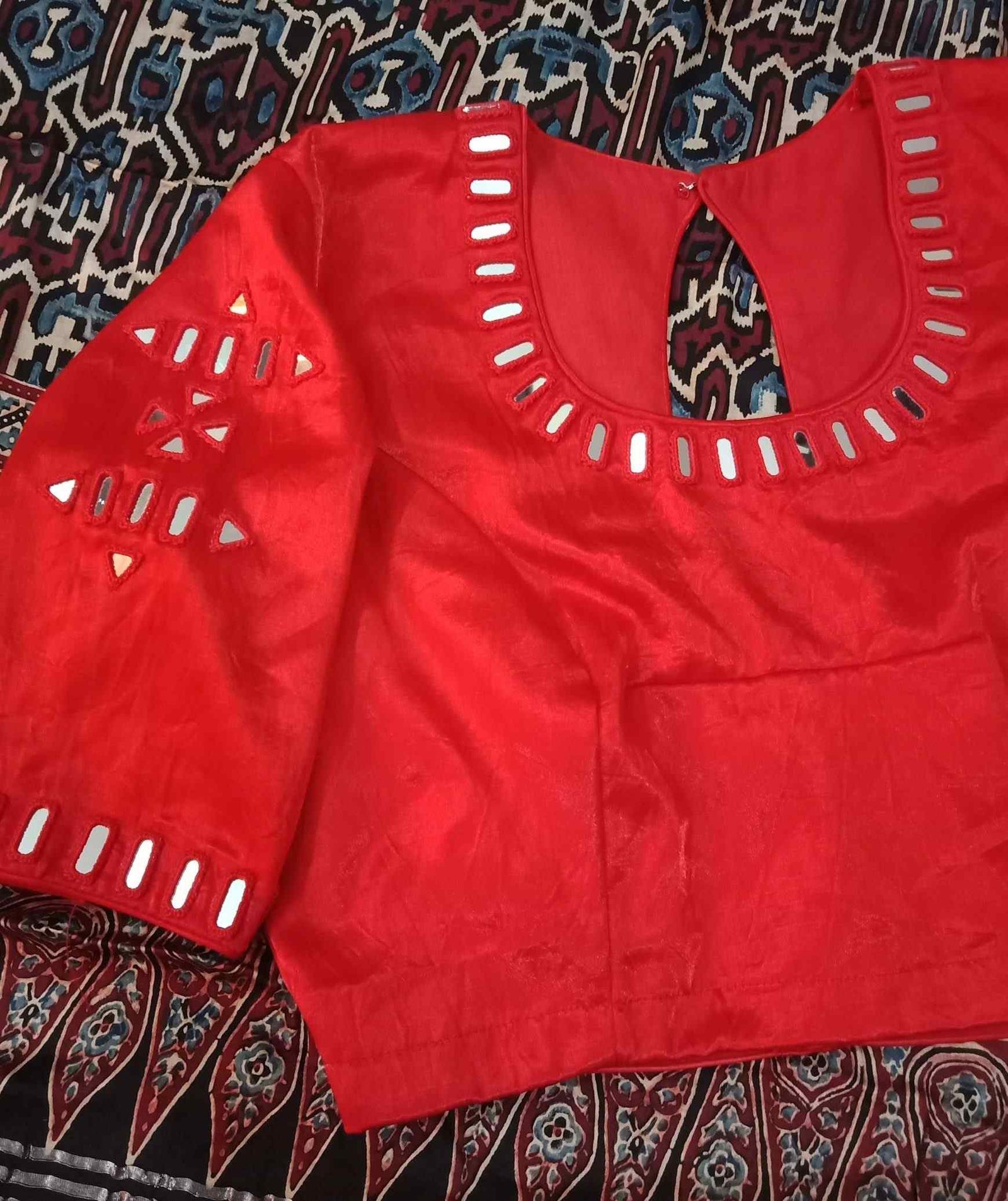 Red Gaji Silk Mirror Work Blouse Combo