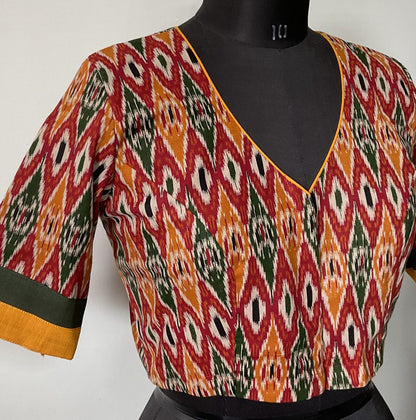 Red mustard green ikat print flax cotton blouse