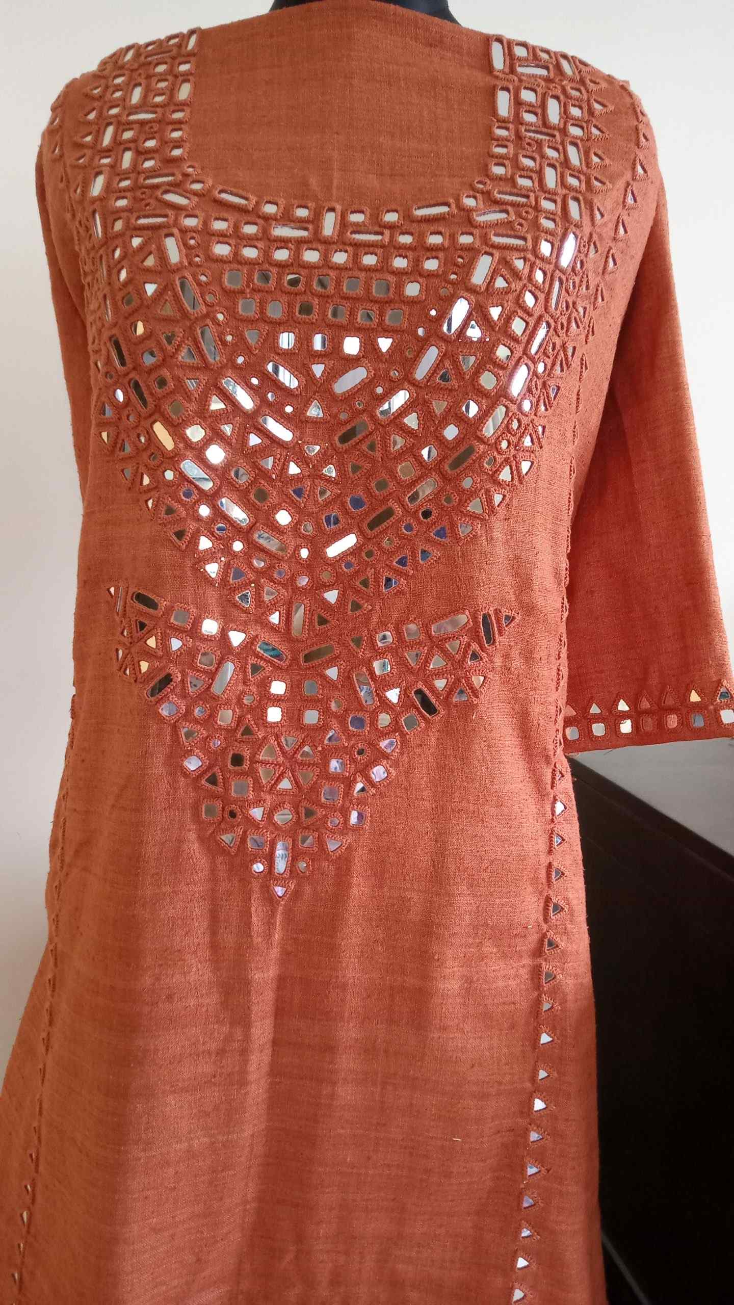 Rust Orange Linen Kurta with Mirror Work