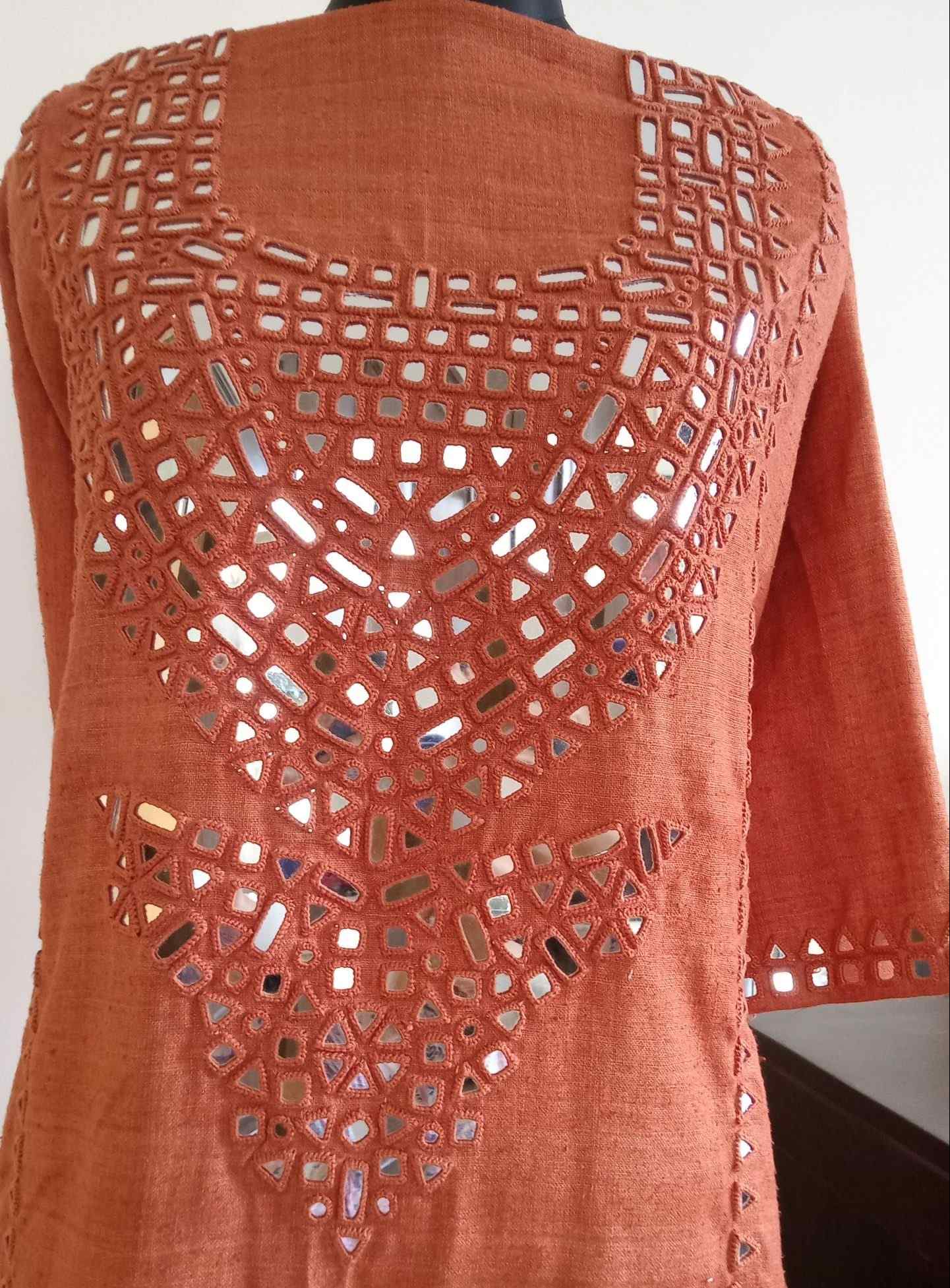 Rust Orange Linen Kurta with Mirror Work