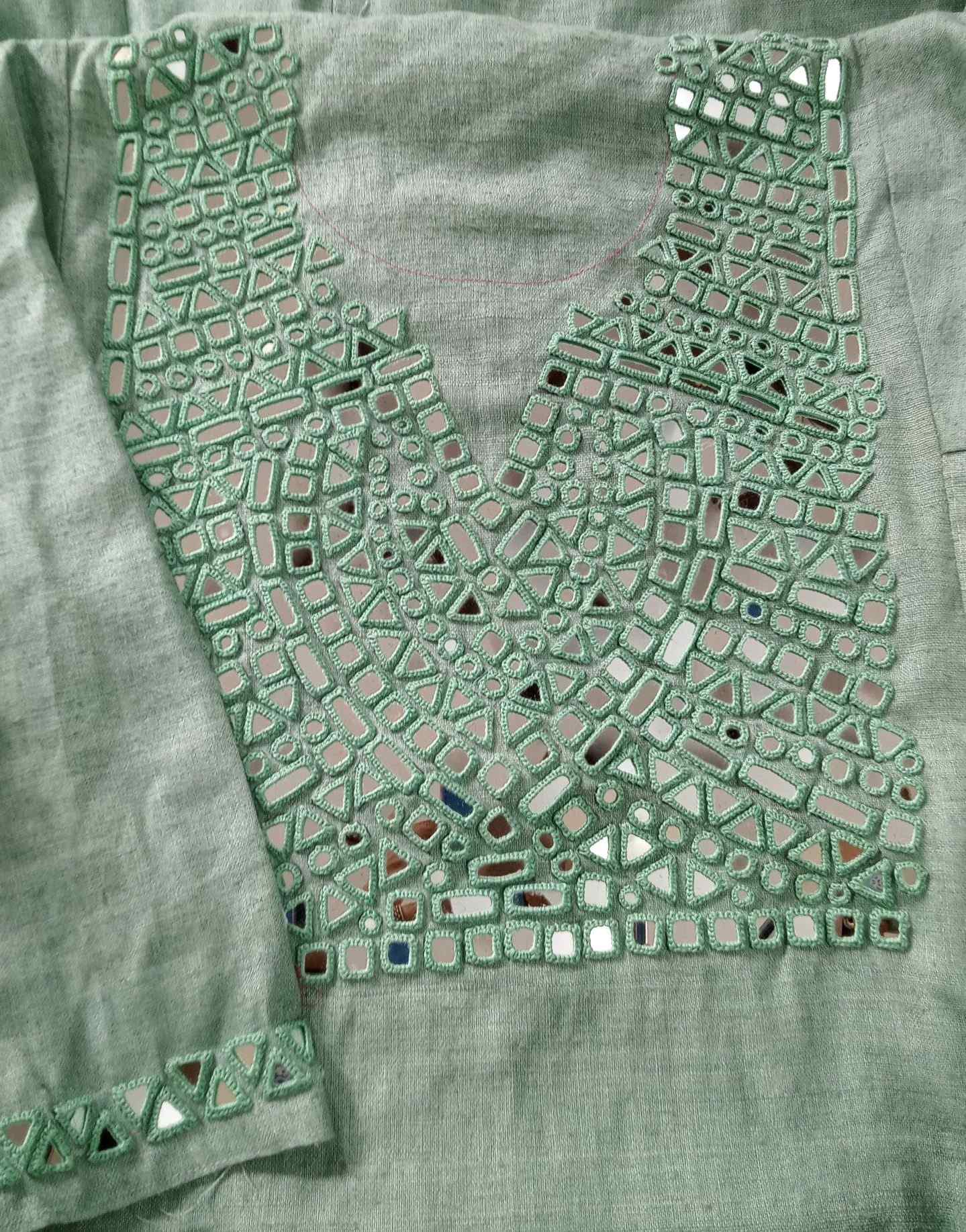 Sage Green Linen Kurta with Mirror Work