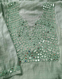 Buy Sage Green Linen Kurta with Mirror Work | Godhuli