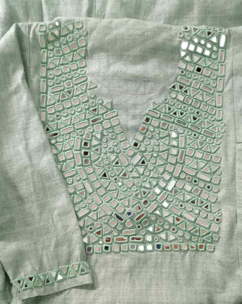 Buy Sage Green Linen Kurta with Mirror Work | Godhuli
