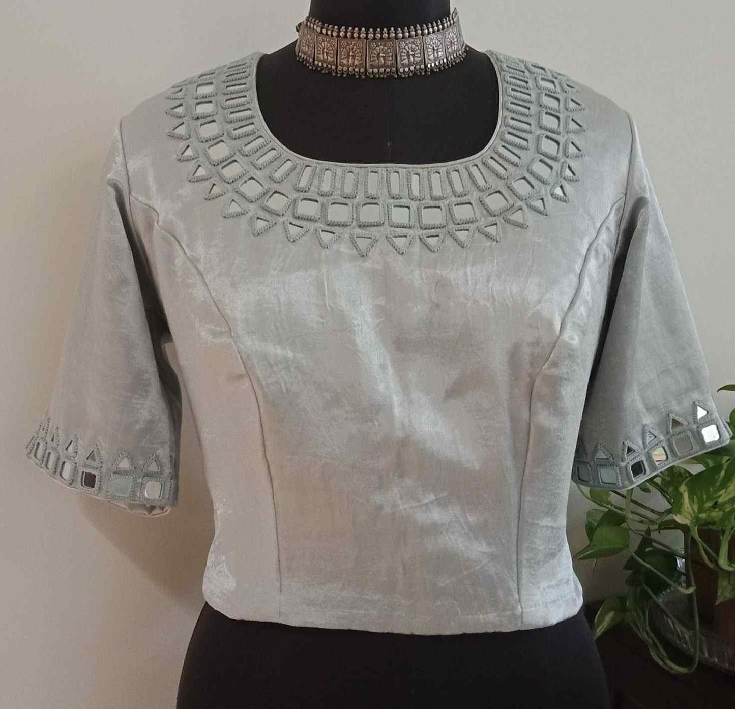 Silver Ash Grey Gaji Silk Mirrorwork Blouse