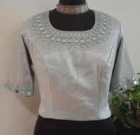 Buy Silver Ash Grey Gaji Silk Mirrorwork Blouse Combo | Perfect for B2B Orders