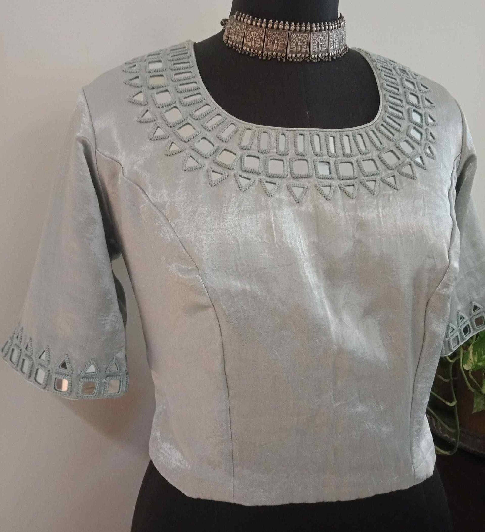 Silver Ash Grey Gaji Silk Mirrorwork Blouse